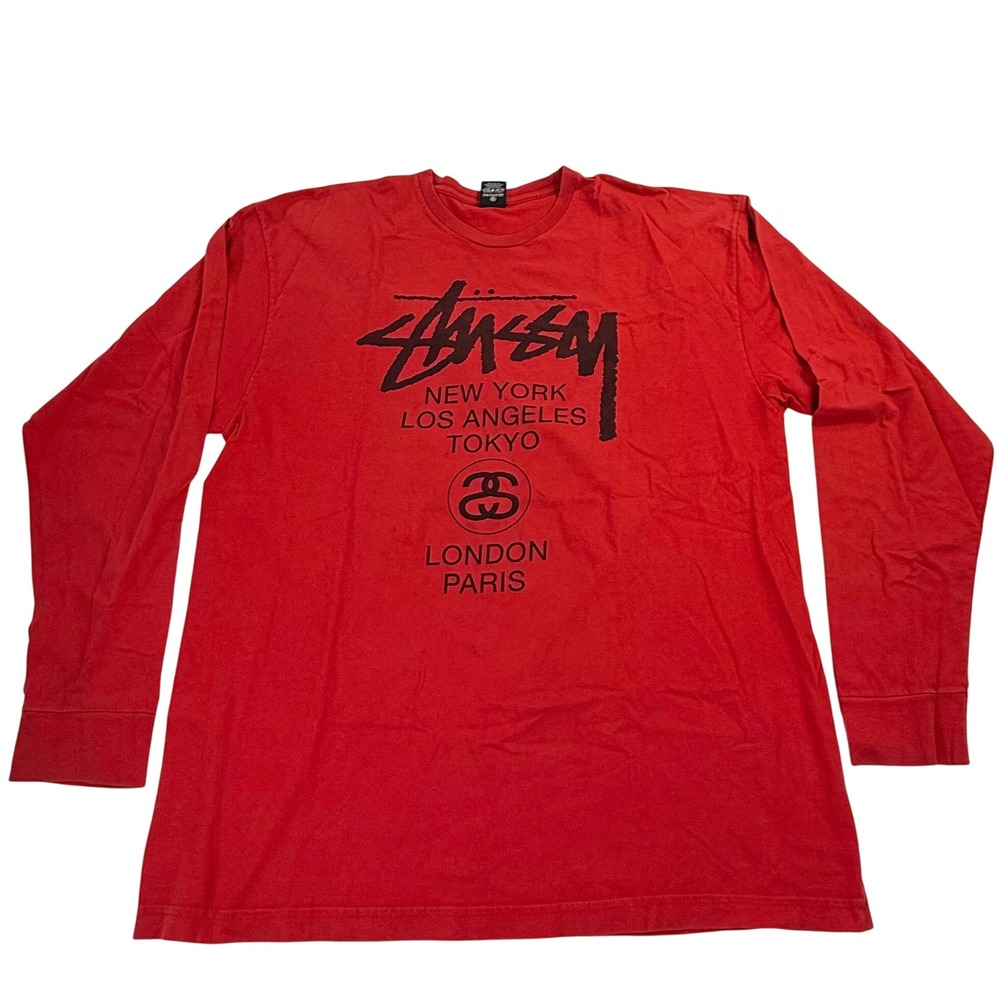 Stussy World Tour Long Sleeve Graphic T-Shirt Red Mens XXL Streetwear Logo Tee